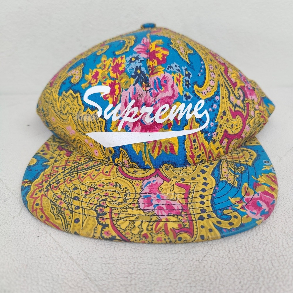 Supreme Paisley 5-Panel Baseball Cap Mens One Size Blue Gold Streetwear Logo Hat